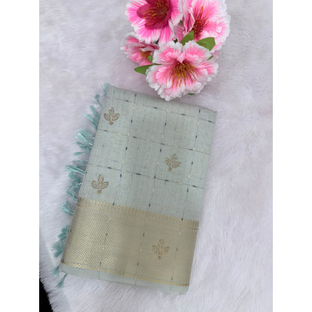 Pastel Ice Blue Raw Cotton Saree with Metallic Checks, Gold Zari Border & Beaded Motifs