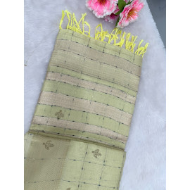 Pastel Pistachio Green Raw Cotton Saree with Metallic Checks, Gold Zari Border & Beaded Motifs