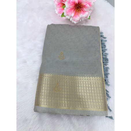 Muted Charcoal Grey Raw Cotton Saree with Metallic Checks, Gold Zari Border & Beaded Motifs