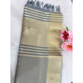 Muted Charcoal Grey Raw Cotton Saree with Metallic Checks, Gold Zari Border & Beaded Motifs
