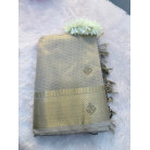 Pastel Silver Grey  Raw Cotton Saree with Metallic Checks, Gold Zari Border & Beaded Motifs