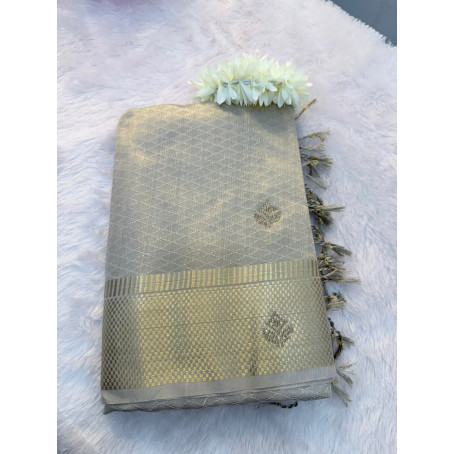 Pastel Silver Grey  Raw Cotton Saree with Metallic Checks, Gold Zari Border & Beaded Motifs