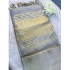 Pastel Silver Grey  Raw Cotton Saree with Metallic Checks, Gold Zari Border & Beaded Motifs