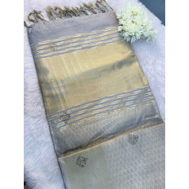 Pastel Silver Grey  Raw Cotton Saree with Metallic Checks, Gold Zari Border & Beaded Motifs