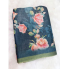 Elegant Dark Teal Floral Print Linen Cotton Saree with Green Border