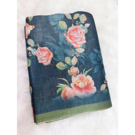 Elegant Dark Teal Floral Print Linen Cotton Saree with Green Border