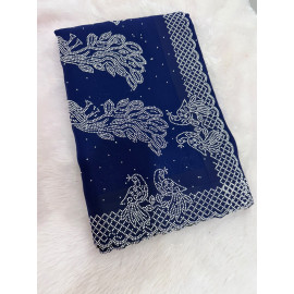 Navy Blue Premium Stone Work Saree with Elegant Peacock Border Design