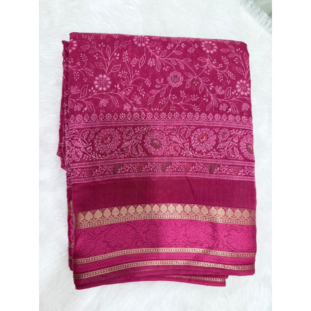 Navy Pink Floral Printed Cotton Saree with Gold Zari Border – Elegant Traditional Wear Saree
