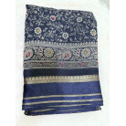 Navy Blue Floral Printed Cotton Saree with Gold Zari Border – Elegant Traditional Wear Saree