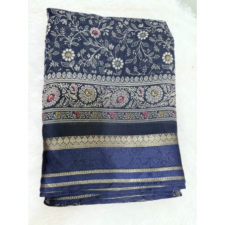 Navy Blue Floral Printed Cotton Saree with Gold Zari Border – Elegant Traditional Wear Saree