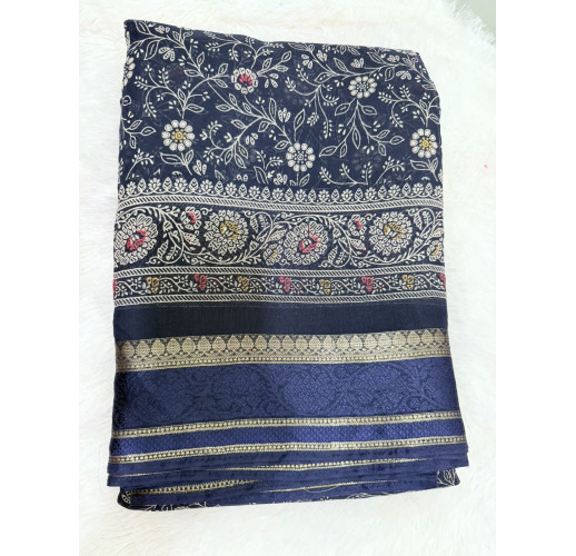 Navy Blue Floral Printed Cotton Saree with Gold Zari Border – Elegant Traditional Wear Saree