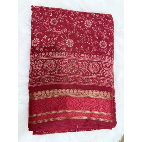 Navy Red Floral Printed Cotton Saree with Gold Zari Border – Elegant Traditional Wear Saree