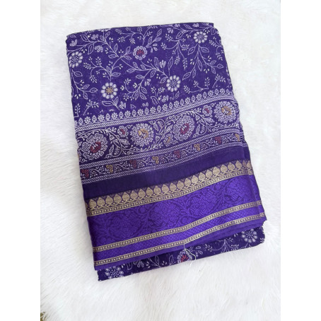 Navy Purple Floral Printed Cotton Saree with Gold Zari Border – Elegant Traditional Wear Saree