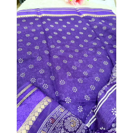 Navy Purple Floral Printed Cotton Saree with Gold Zari Border – Elegant Traditional Wear Saree