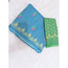 BLUE LINEN COTTON SAREE WITH GREEN BLOUSE & GOLDEN BORDER & FLORAL DESIGN