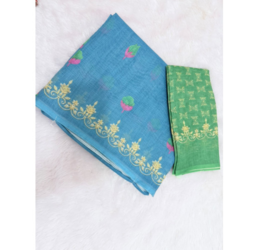 BLUE LINEN COTTON SAREE WITH GREEN BLOUSE & GOLDEN BORDER & FLORAL DESIGN