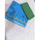 ROYAL BLUE LINEN COTTON SAREE WITH GREEN BLOUSE & GOLDEN BORDER & FLORAL DESIGN