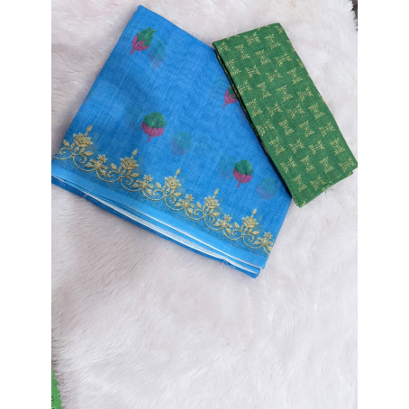 ROYAL BLUE LINEN COTTON SAREE WITH GREEN BLOUSE & GOLDEN BORDER & FLORAL DESIGN