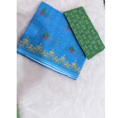 ROYAL BLUE LINEN COTTON SAREE WITH GREEN BLOUSE & GOLDEN BORDER & FLORAL DESIGN