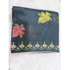 BLACK LINEN COTTON SAREE WITH RED BLOUSE & GOLDEN BORDER & FLORAL DESIGN