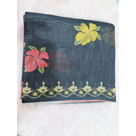 BLACK LINEN COTTON SAREE WITH RED BLOUSE & GOLDEN BORDER & FLORAL DESIGN