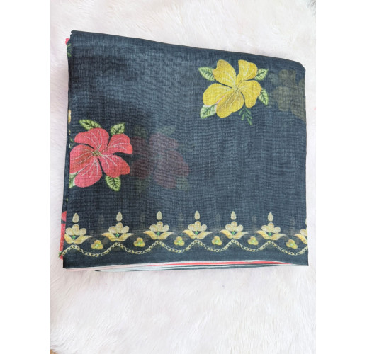 BLACK LINEN COTTON SAREE WITH RED BLOUSE & GOLDEN BORDER & FLORAL DESIGN