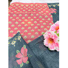BLACK LINEN COTTON SAREE WITH RED BLOUSE & GOLDEN BORDER & FLORAL DESIGN