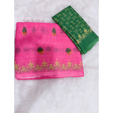 PINK LINEN COTTON SAREE WITH GREEN BLOUSE & GOLDEN BORDER & FLORAL DESIGN