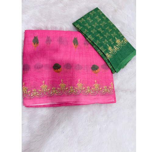 PINK LINEN COTTON SAREE WITH GREEN BLOUSE & GOLDEN BORDER & FLORAL DESIGN