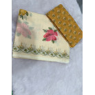 LIGHT YELLOW LINEN COTTON SAREE WITH YELLOW BLOUSE & GOLDEN BORDER & FLORAL DESIGN