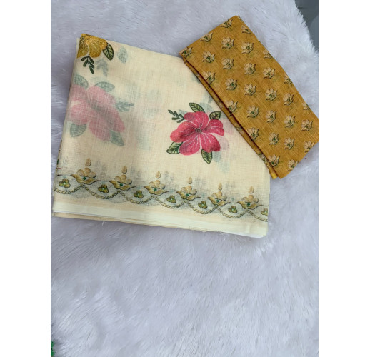 LIGHT YELLOW LINEN COTTON SAREE WITH YELLOW BLOUSE & GOLDEN BORDER & FLORAL DESIGN