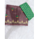 BROWN LINEN COTTON SAREE WITH GREEN BLOUSE & GOLDEN BORDER & FLORAL DESIGN