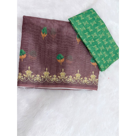 BROWN LINEN COTTON SAREE WITH GREEN BLOUSE & GOLDEN BORDER & FLORAL DESIGN