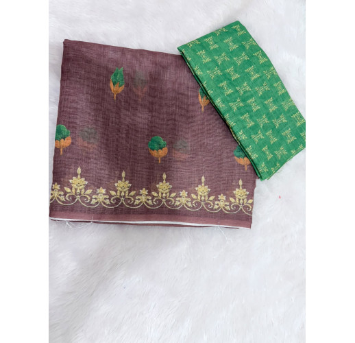 BROWN LINEN COTTON SAREE WITH GREEN BLOUSE & GOLDEN BORDER & FLORAL DESIGN