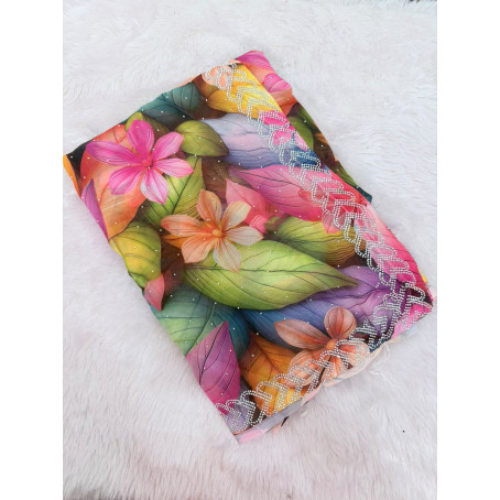 Women's Premium Digital Floral Print Georgette Saree with Diamond Stone Border – Pink & Green & Blue Party Wear Saree