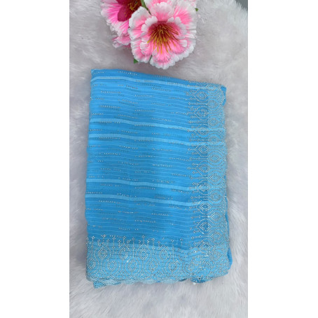 BLUE PRIEMIUM STONE WORK SAREE & ELEGANT FLORAL STONE BORDER DESIGN 