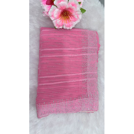  PINK PRIEMIUM STONE WORK SAREE & ELEGANT FLORAL STONE BORDER DESIGN 