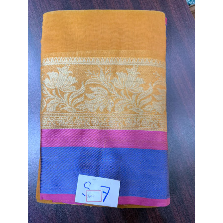 Mustard Yellow Soft Silk Saree with Gold Floral Zari Border & Royal Blue Pallu