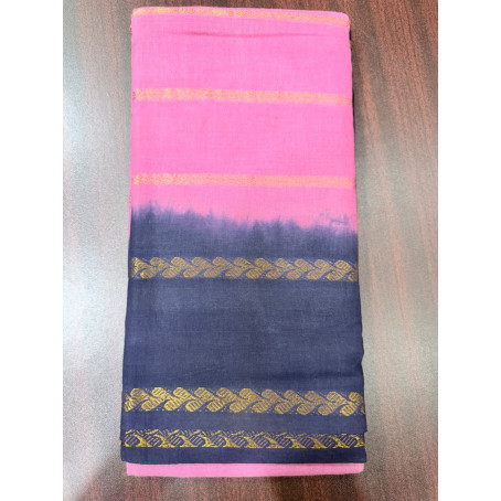 Pink Cotton Silk Saree with Navy Blue Contrast Border & Gold Zari & without blouse