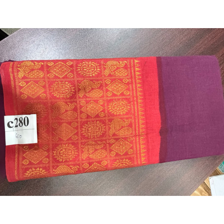 Maroon Soft Cotton Saree with Red Temple Border & Traditional Gold Zari Weaving