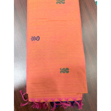 Orange Cotton Saree with Woven Butta Design & Tassel Pallu