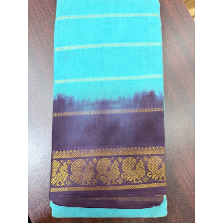 Turquoise Blue Cotton Saree with Purple Peacock Zari Border & without blouse