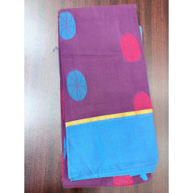 Purple Cotton Saree with Sky Blue Contrast Border & Woven Butta Design
