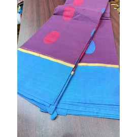 Purple Cotton Saree with Sky Blue Contrast Border & Woven Butta Design