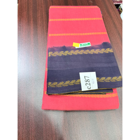 Bright Pink Cotton Saree with Navy Blue Contrast Border & Gold Zari 