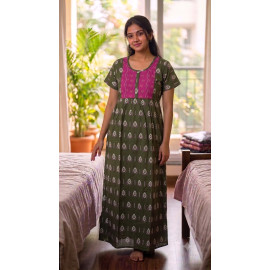 Green Printed Cotton Nighty with Contrast Yoke  Soft & Comfortable Full Length Night Dress without pocket