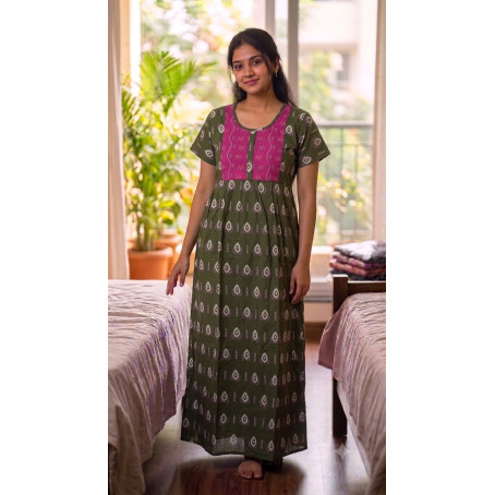Green Printed Cotton Nighty with Contrast Yoke  Soft & Comfortable Full Length Night Dress without pocket