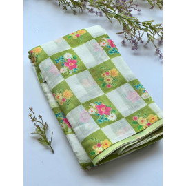 Pastel Green Floral Checkered Soft Cotton Saree Lightweight Casual & Daily Wear Saree