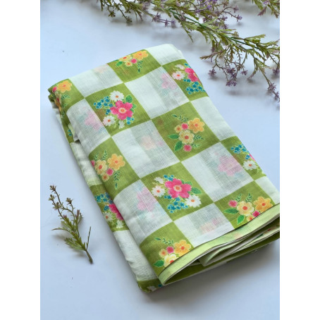 Pastel Green Floral Checkered Soft Cotton Saree Lightweight Casual & Daily Wear Saree