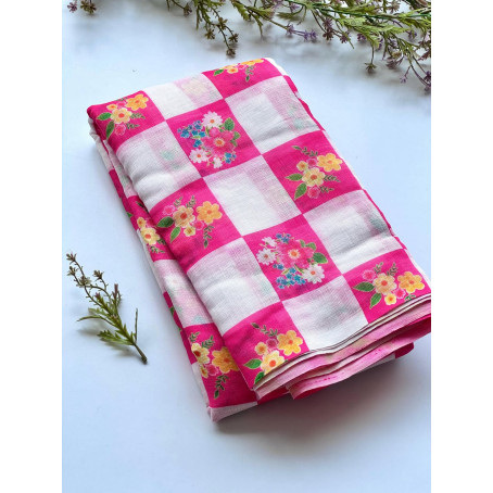 Pink Floral Checkered Soft Cotton Saree  Lightweight Casual & Daily Wear Saree